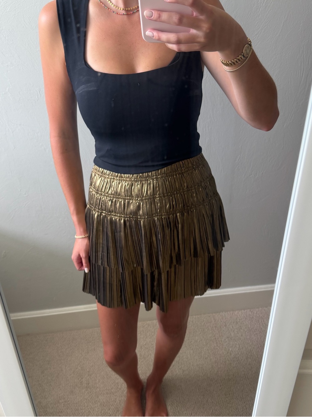 Current Air Metallic Gold Tiered Fringe Mini Skirt